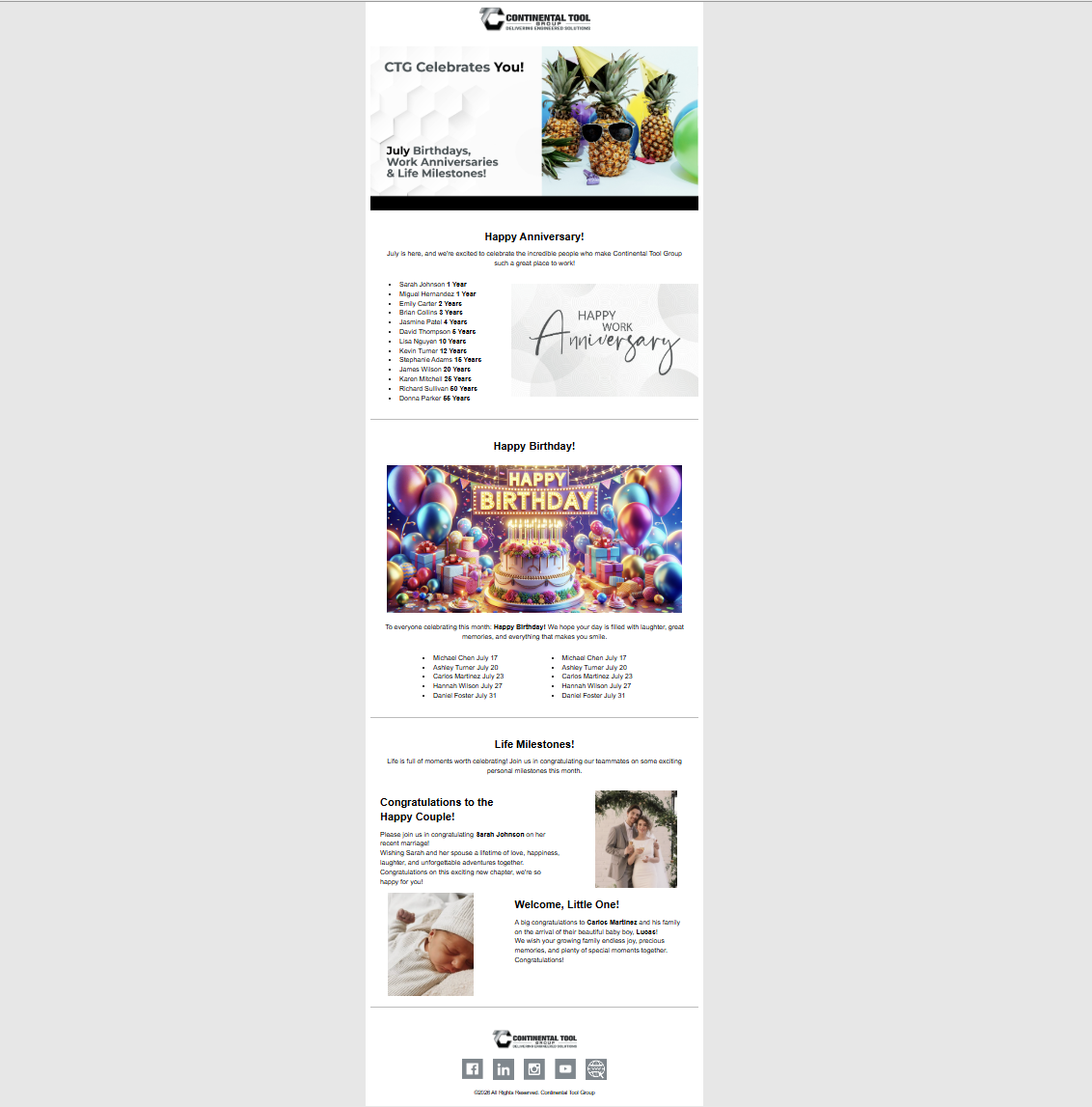 Continental Tool Group monthly celebrations email with work anniversaries, birthdays and life milestones