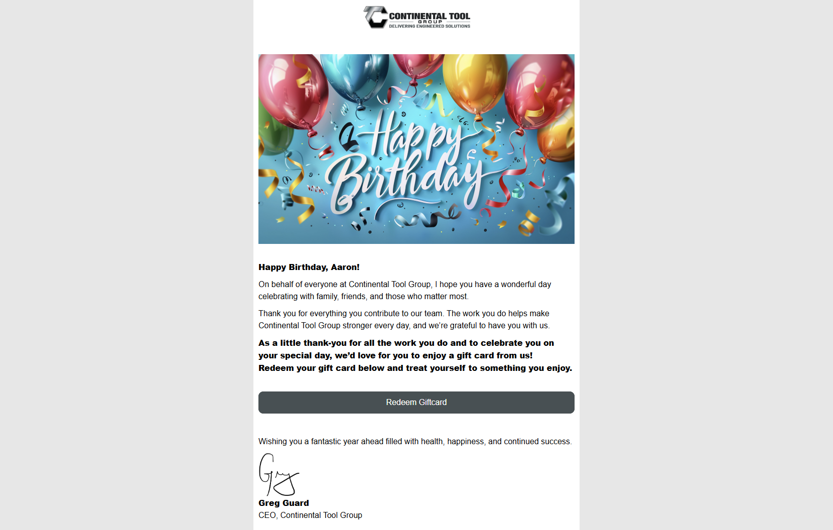 Continental Tool Group birthday email with a Redeem Giftcard button, signed by Greg Guard